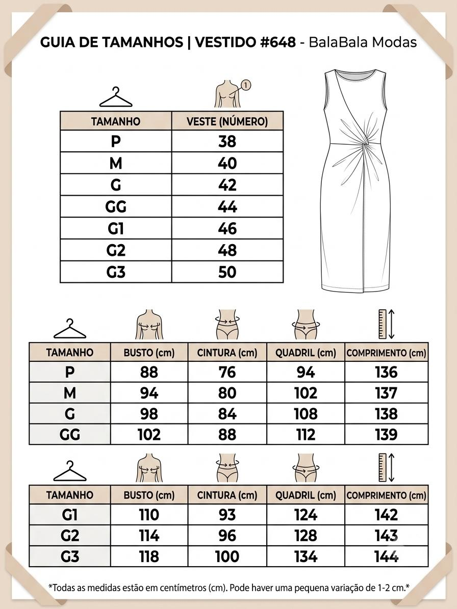 Vestido em Alfaiataria Nobre Contraste torcido lateral elegante com corte em fenda traseira com Plus-size #648 — tabela de medidas