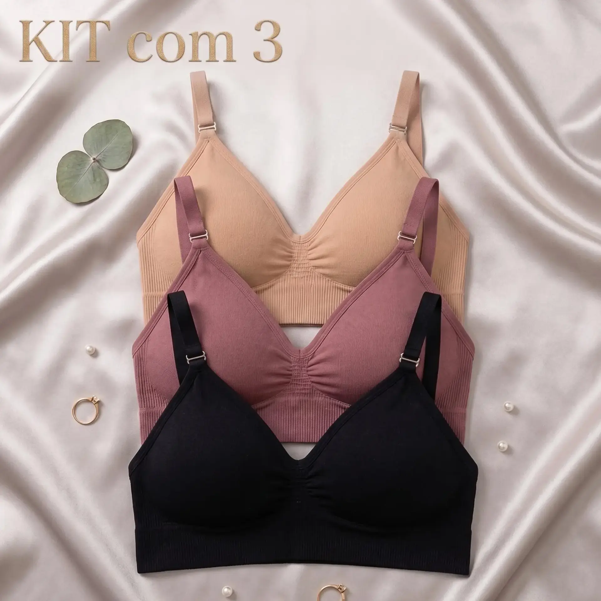 KIT 3 Top Sutiã Alça Fina Removível Importado Com Bojo Removível Conforto e Estilo — Kit 3 cores (Preto, Rosé e Bege)
