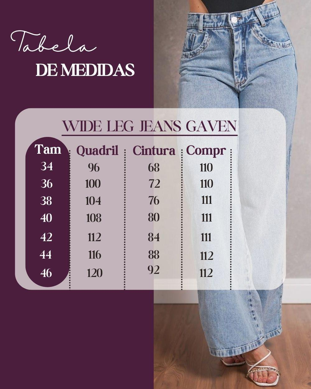 Calça Jeans Feminina Wide Leg Cintura Alta Sem Lycra Marmorizada Gaven Pantalona Boca Larga Premium — tabela de medidas